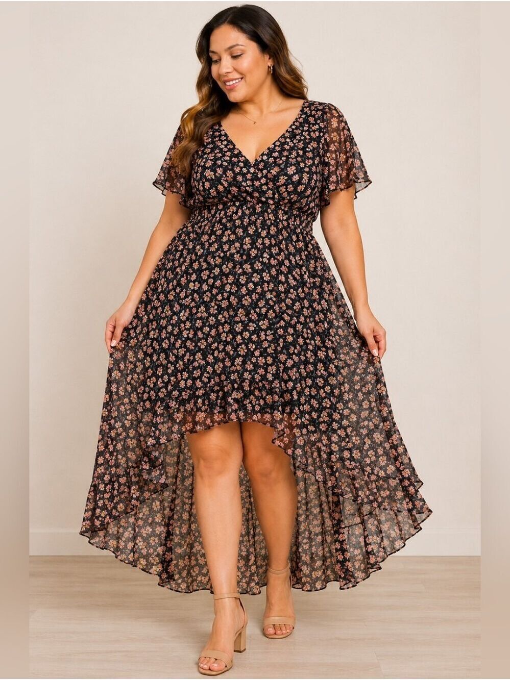 NWT AUW Floral High Low Dress 1X Black Pink Flutter Sleeve